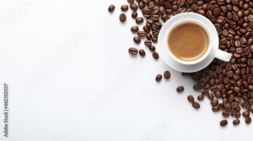  a cup of coffee surrounded by coffee beans on a white background.  generative ai