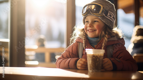 Happy kid drinks a hot drink at a skier's cafe at the top of a mountain. photo
