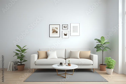 Interior mockup with white sofa  beige pillows and traditional decoration on empty living room wall background. 3D rendering  illustration