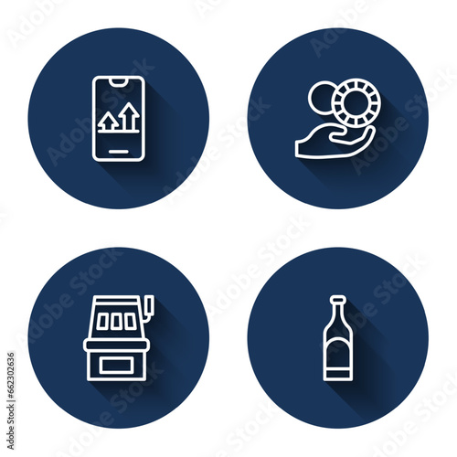Set line Online sports betting, Hand holding casino chips, Slot machine and Bottle of wine with long shadow. Blue circle button. Vector