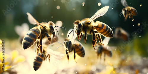 A swarm of bees buzzing around a hive ,Just Hearing Your Phone Buzz Hurts Your Productivity ,A honey bee close-up on a flower with bokeh background. a macro-honey bee on a rainy da generative ai