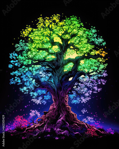 Beautiful magic tree on a black background. Vector Illustration