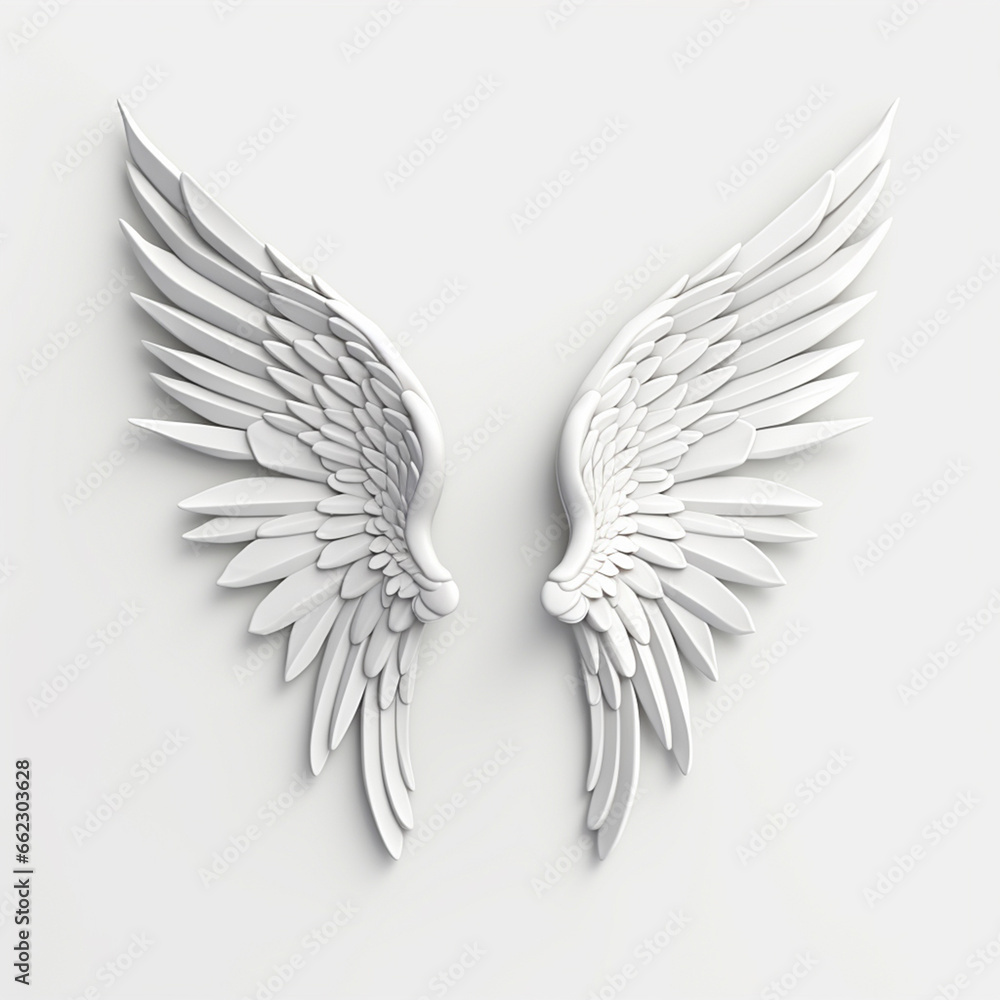 Fototapeta premium A 3D rendering of angelic white wings against a plain white backdrop. This resource can be used for elements such as objects, text, or 3D character cartoon figures. Generative AI.