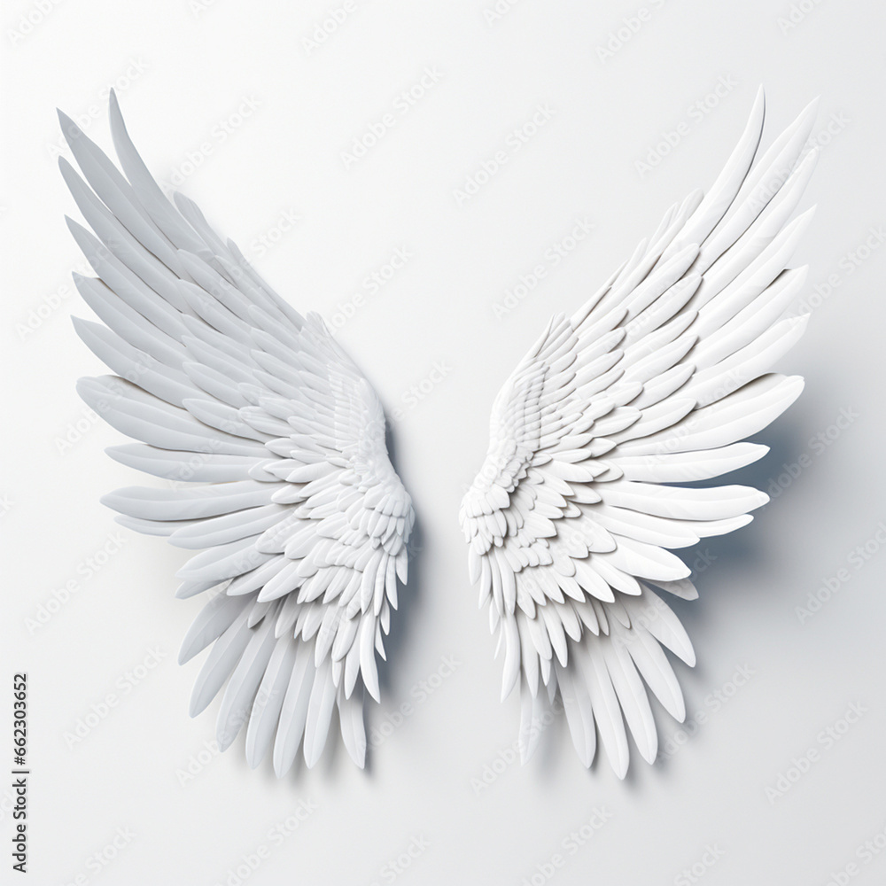 A 3D rendering of angelic white wings against a plain white backdrop. This resource can be used for elements such as objects, text, or 3D character cartoon figures. Generative AI.