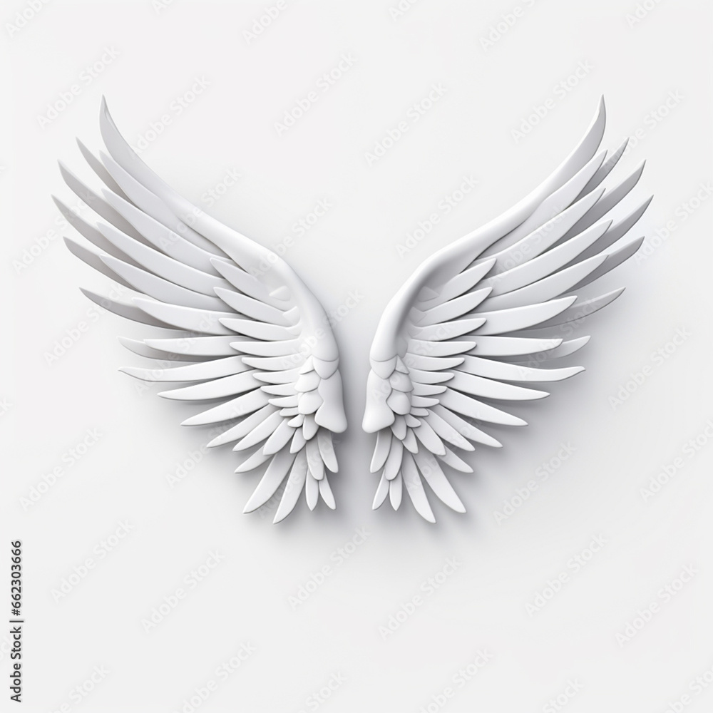 Obraz premium A 3D rendering of angelic white wings against a plain white backdrop. This resource can be used for elements such as objects, text, or 3D character cartoon figures. Generative AI.