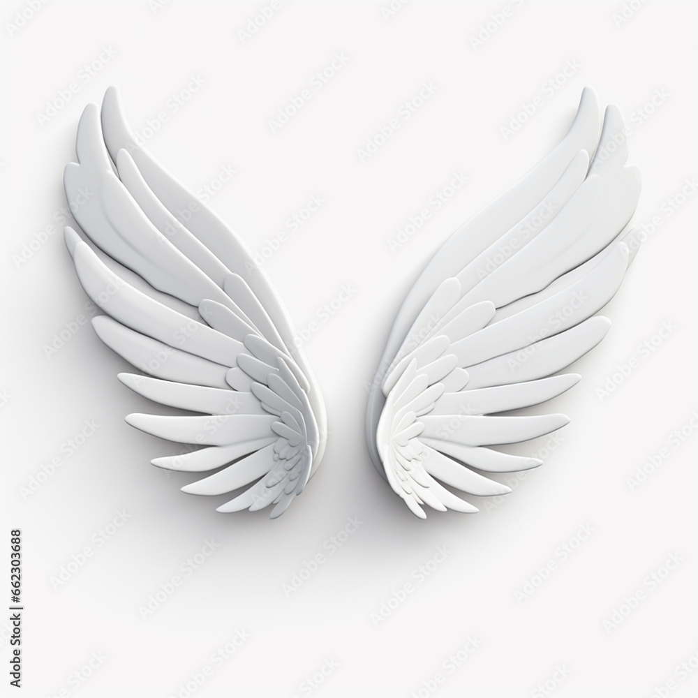 Fototapeta premium A 3D rendering of angelic white wings against a plain white backdrop. This resource can be used for elements such as objects, text, or 3D character cartoon figures. Generative AI.