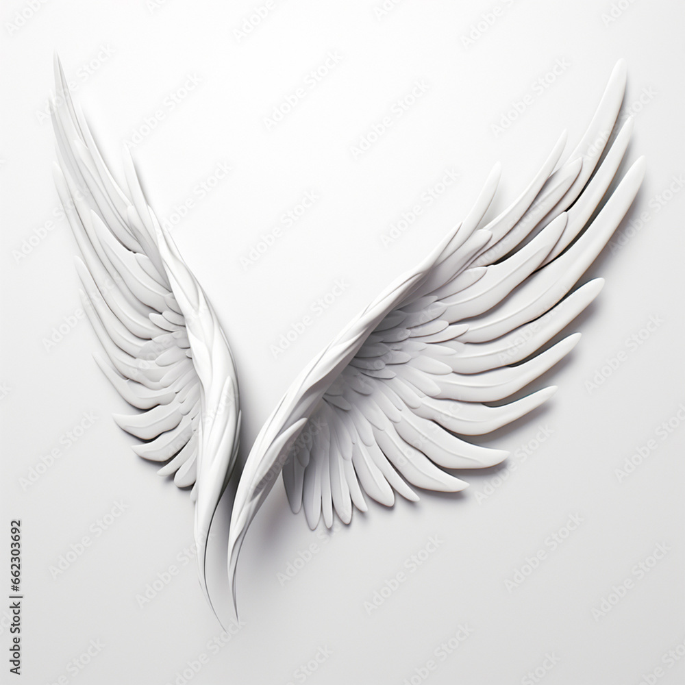 A 3D rendering of angelic white wings against a plain white backdrop. This resource can be used for elements such as objects, text, or 3D character cartoon figures. Generative AI. A 3D rendering of angelic white wings against a plain white backdrop. This resource can be used for elements such as objects, text, or 3D character cartoon figures. Generative AI.