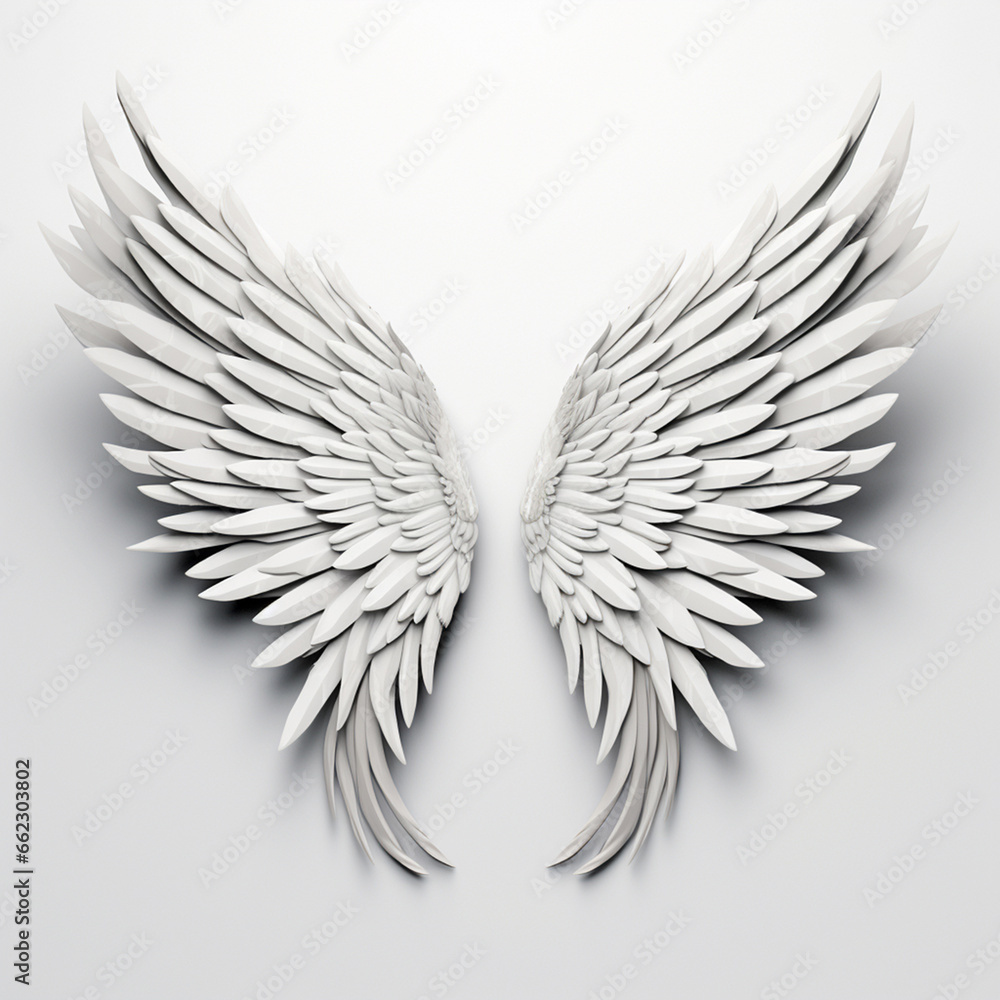 Obraz premium A 3D rendering of angelic white wings against a plain white backdrop. This resource can be used for elements such as objects, text, or 3D character cartoon figures. Generative AI.