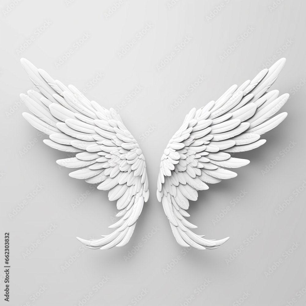 Obraz premium A 3D rendering of angelic white wings against a plain white backdrop. This resource can be used for elements such as objects, text, or 3D character cartoon figures. Generative AI.