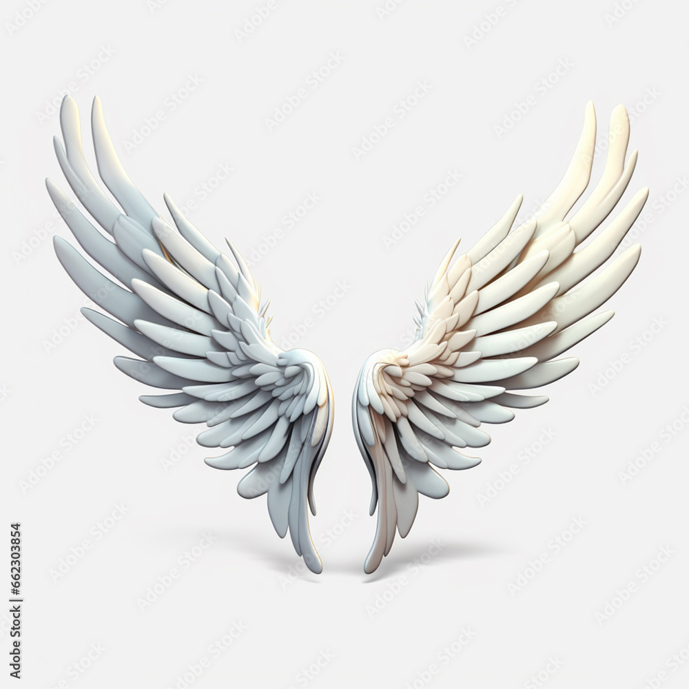 Fototapeta premium A 3D rendering of angelic white wings against a plain white backdrop. This resource can be used for elements such as objects, text, or 3D character cartoon figures. Generative AI.