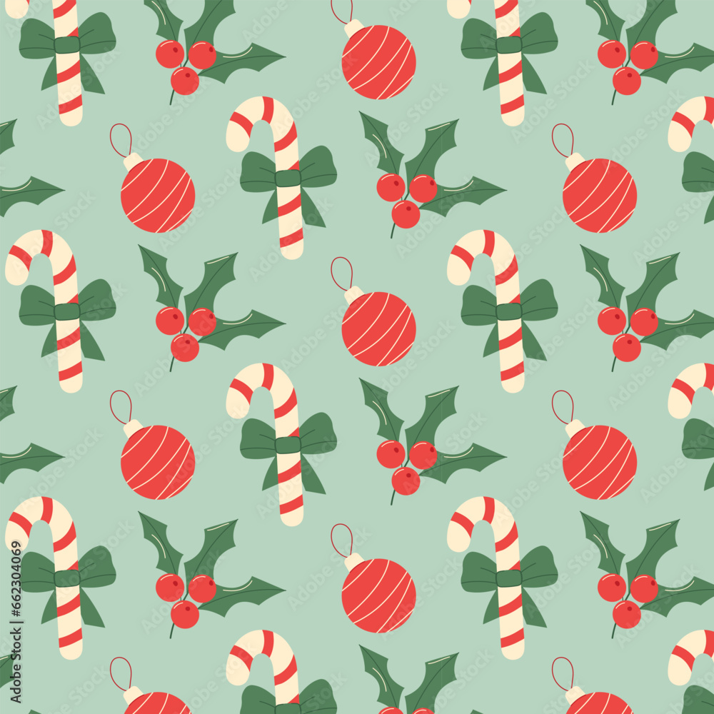 Seamless Christmas and New Year template with Christmas tree toy, caramel and mistletoe Seamless Christmas and New Year template with Christmas tree toy, caramel and mistletoe