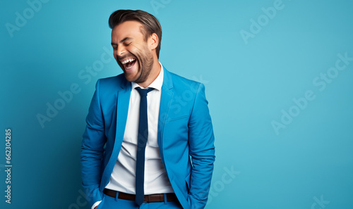 40 years old happy handsome man, smiling and laughing, wearing suit. Bright solid blue background