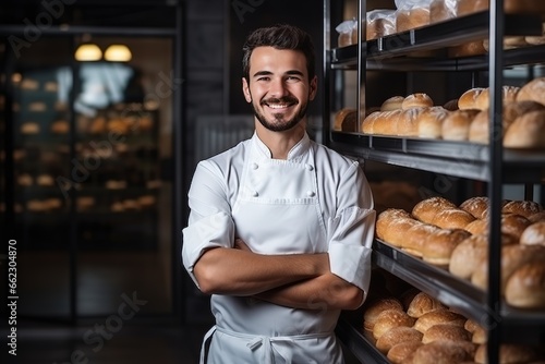 Handsome baker in uniform at the manufacturing small business owner concept photo