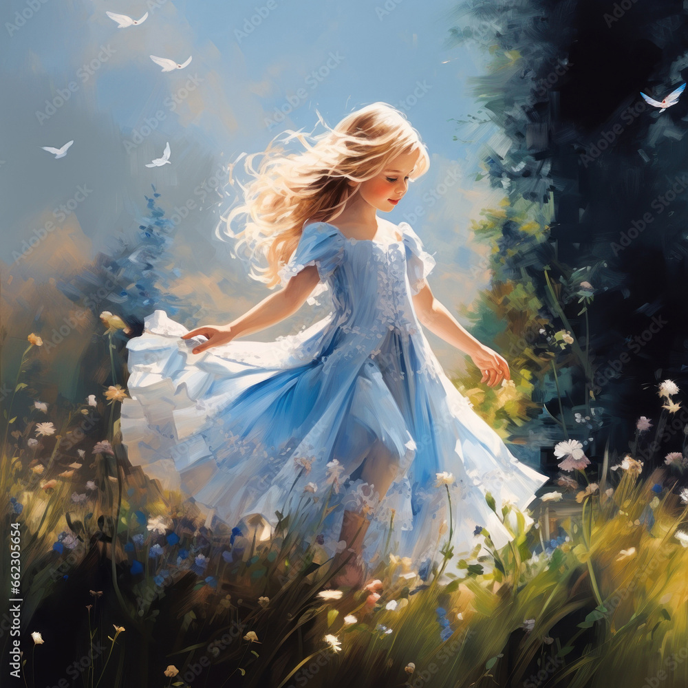 Cute little princess in blue dress with Flowers and butterflies