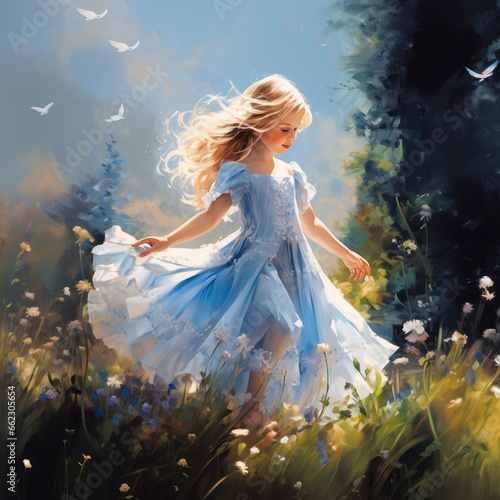 Cute little princess in blue dress with Flowers and butterflies © bit24