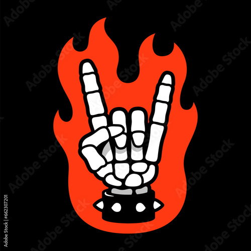 Cartoon Heavy Metal skeleton hand on fire