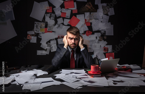 Tired and sad businessman sitting over laptop and pile of documents. Many tasks, hard work and fatigue.  Time pressure. Office items. Dark blue background. Generative AI