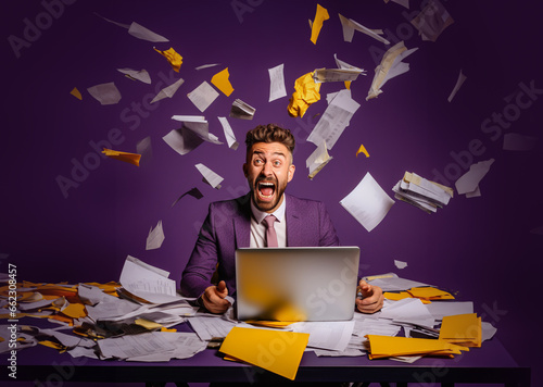 Shouting; frustrate and sad businessman sitting over laptop and pile of documents. Many tasks; hard work and fatigue.; Time pressure. Office items. Dark blue background. Generative AI