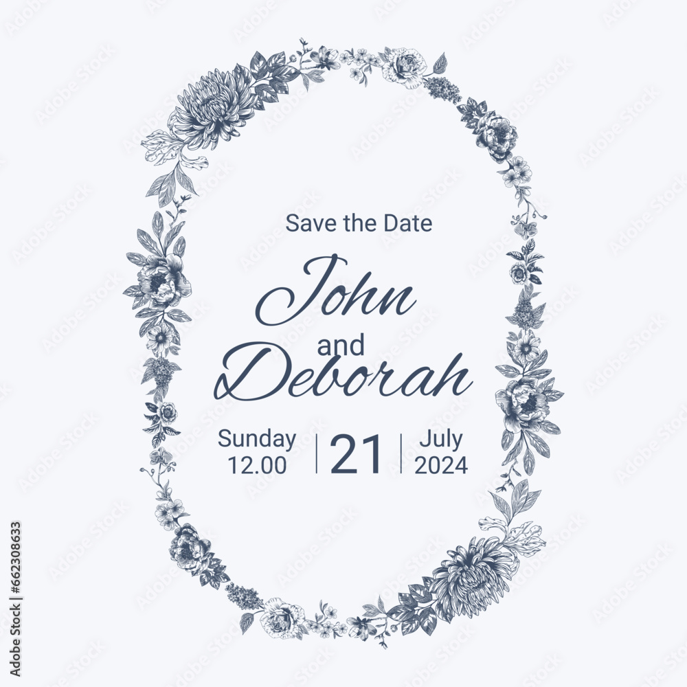 Botanical blue wedding frame or wreath on white background. Hand drawn floral, flower, leaf branch in toile de jouy style. Line art for wedding, monogram, invitation, greeting, logo, birthday cards Botanical blue wedding frame or wreath on white background. Hand drawn floral, flower, leaf branch in toile de jouy style. Line art for wedding, monogram, invitation, greeting, logo, birthday cards