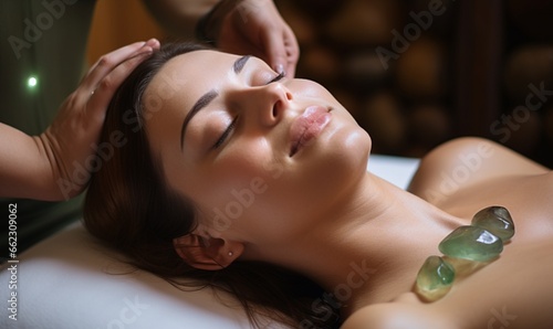 A captivating woman  her eyes softly closed  indulging in a chakra-balancing crystal treatment  radiating tranquility