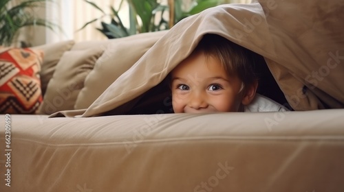 children kid playing hide and seek standing behind the sofa, Adorable child having fun in the home. happy family have fun with kids, activity, learning, activity, game, meditation photo