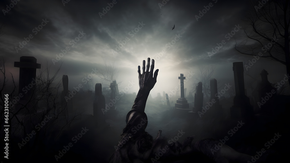 Zombie Hand Rising Out Of A Graveyard In Spooky Night background - obrazy, fototapety, plakaty 