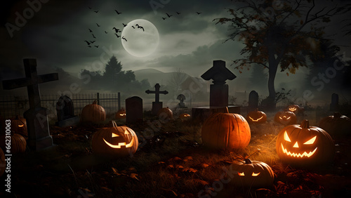 Pumpkins In Graveyard In The Spooky Night Halloween background