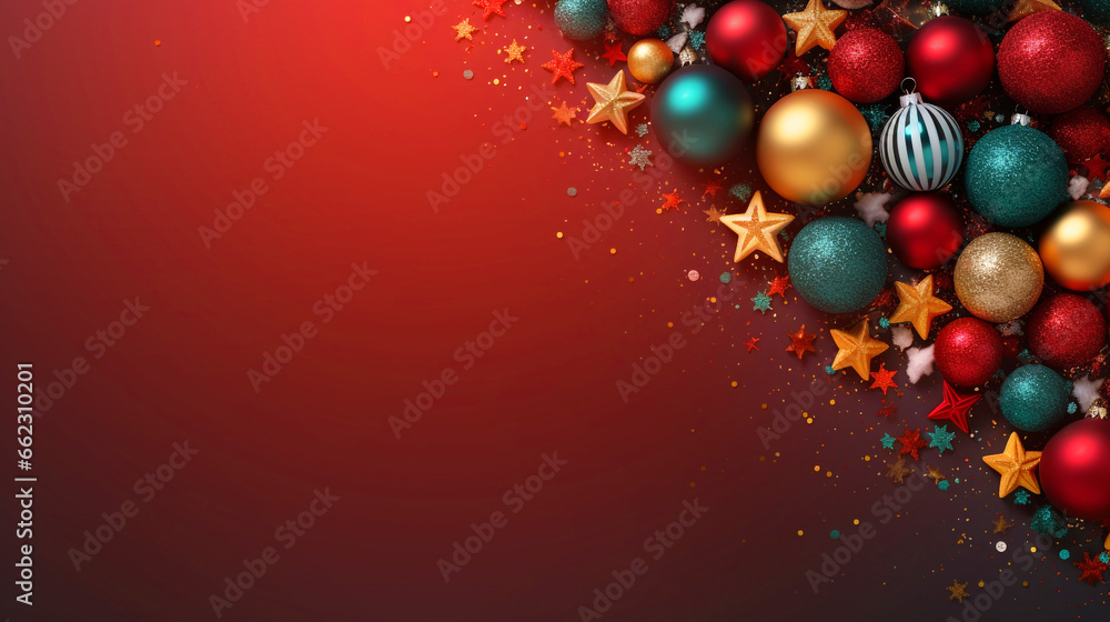 Red and gold glitter christmas ball on red light gradient black background for decoration at corner of frame, copy space for text. Red and gold glitter christmas ball on red light gradient black background for decoration at corner of frame, copy space for text.