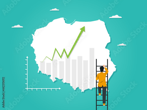 Poland Map positive business graph with arrow. A Business man steps up stairs to successful point, Steps to starting a business success. Climb up businessman build ladder Poland Stock grow up.