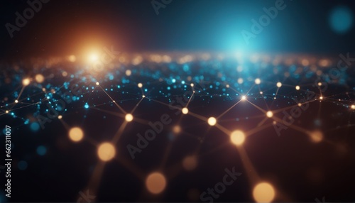 Abstract futuristic technology background. Network technology, neuronal network, artificial intelligence, data streams, fiber optic cables, dark color tones, glowing lights
