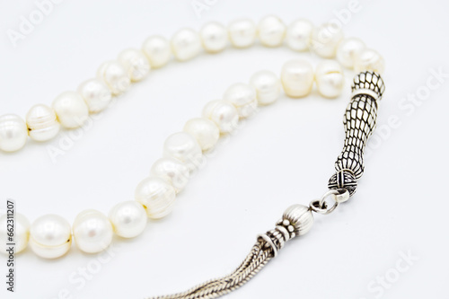 White pearl and silver beads sequenced, short rosary, tespih tesbih