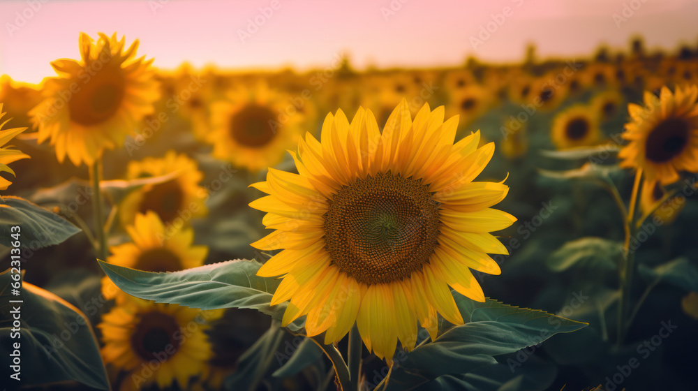 Obraz premium gros plan sur une fleur de tournesol dans un champ au soleil couchant, heure dorée
