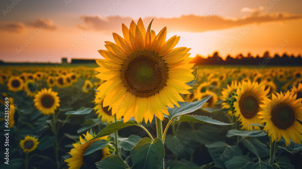 gros plan sur une fleur de tournesol dans un champ au soleil couchant, heure dorée - obrazy, fototapety, plakaty 