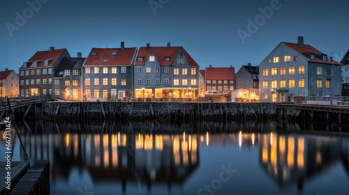 panorama nocturne d'un petit port en Scandinavie avec maison colorées illuminés par les lumières du village