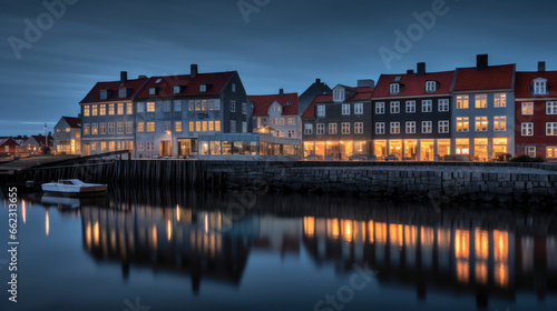 panorama nocturne d'un petit port en Scandinavie avec maison colorées illuminés par les lumières du village