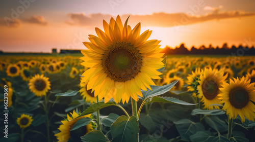gros plan sur une fleur de tournesol dans un champ au soleil couchant, heure dorée