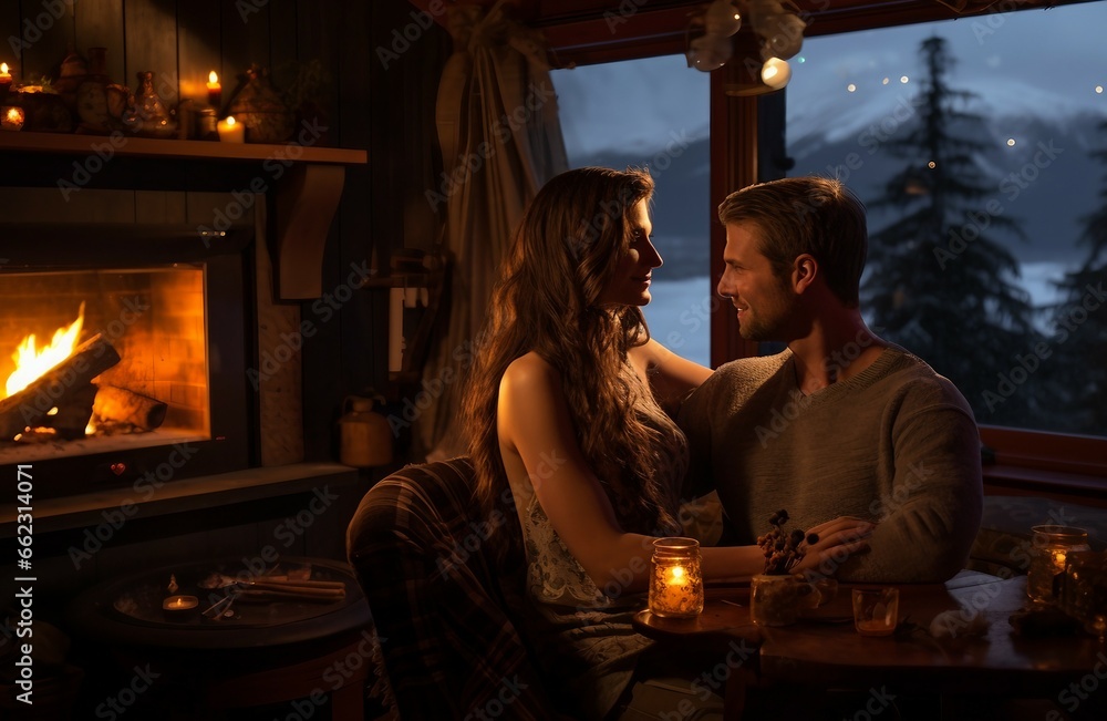 couple in love at a fireplace in a mountain cottage in romantic evening mood together surrounded by candle light with snowy winter landscape in background