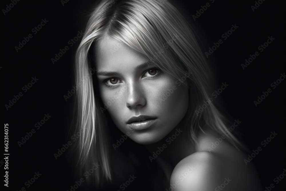 portrait studio noir et blanc d'une jeune femme blonde sur fond noir portrait studio noir et blanc d'une jeune femme blonde sur fond noir