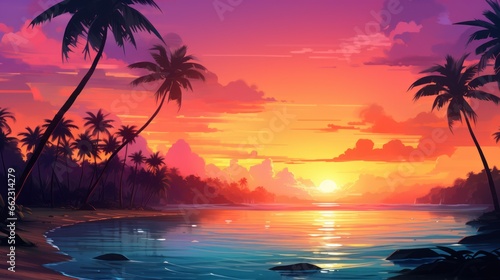 Tropical island at sunset, with golden sands, palm trees, and a vivid, multicolored sky game art © Damian Sobczyk