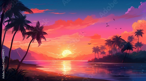 Tropical island at sunset, with golden sands, palm trees, and a vivid, multicolored sky game art