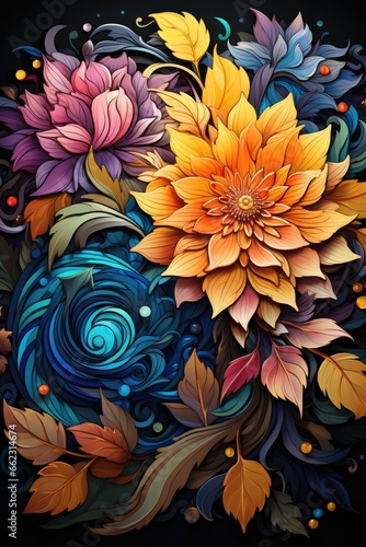A painting of flowers and leaves on a black background. AI image.