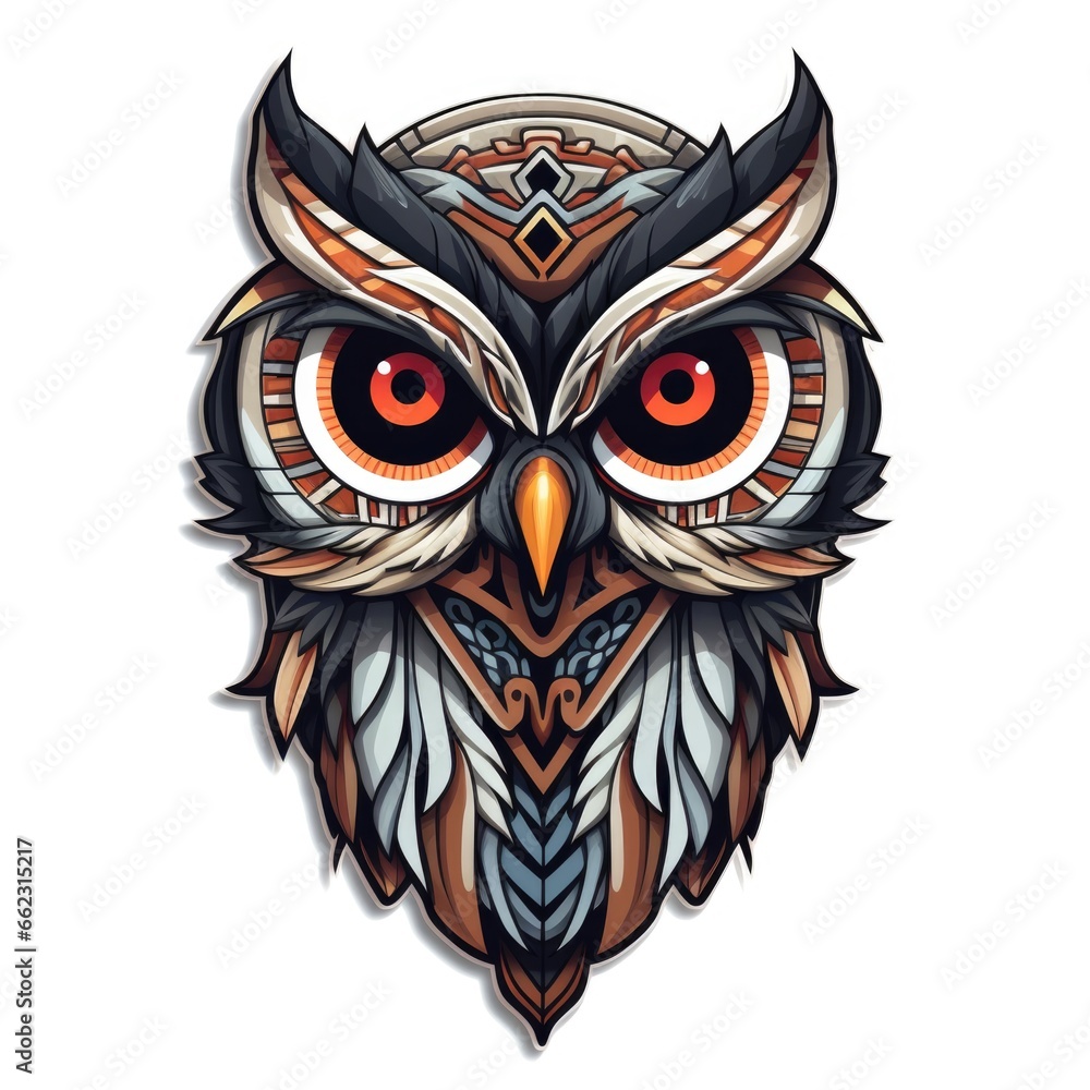 Fototapeta premium A tattoo style owl with red eyes on a white background. Digital art.