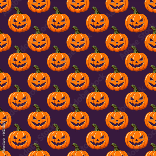 Halloween seamless pattern of pumpkins and bats on a purple background