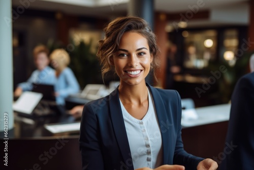 A woman in a business suit smiling at the camera. AI image. Hotel receptionist.