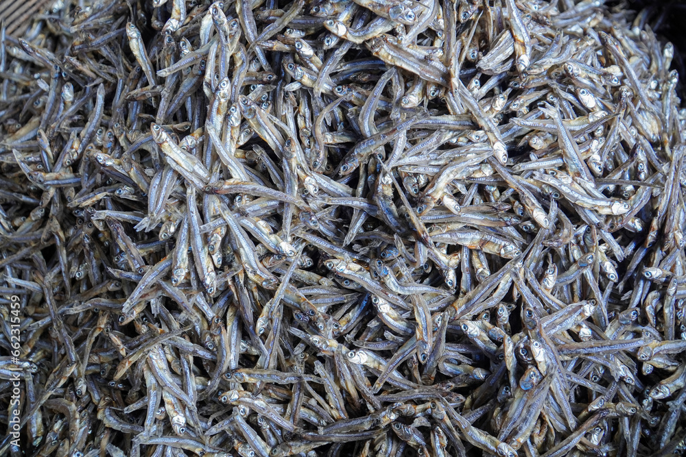 pile of salted fish at traditional market. dry salted fish. selective focus