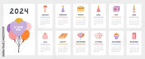 Cute calendar template for 2024 year with creative holiday illustration. Calendar grid with weeks starts on Monday for kids nursery or corporate design. Vertical monthly calender layout for planning.