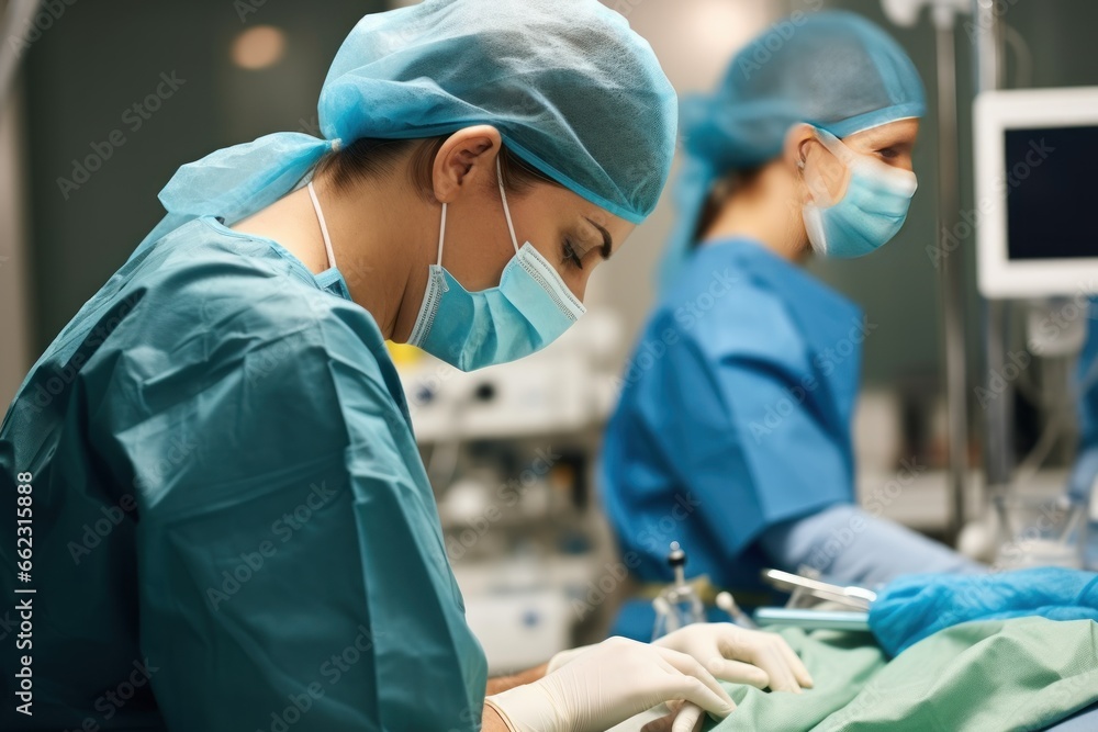 Female nurse wears a blue uniform with a mask. Doctors operating room Female nurse wears a blue uniform with a mask. Doctors operating room