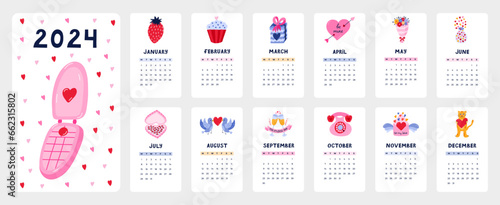 Cute calendar template for 2024 year with creative romantic illustrations. Calendar grid with weeks starts on Monday for kids nursery  corporate design. Vertical monthly calender layout for planning