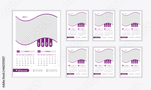 Corporate purple wall calendar design template for 2024 year. Editable 12 months pages set.6 pages variation office & wall calendar design template.