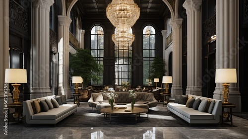an elegant hotel lobby with opulent materials, like marble and velvet, that welcome guests with a sense of grandeur and sophistication photo